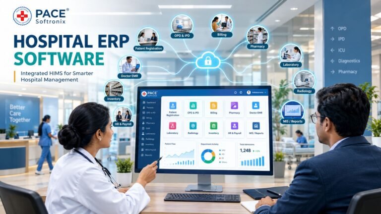 • Dashboard showing OPD, IPD and billing reports in a HIMS ERP Software