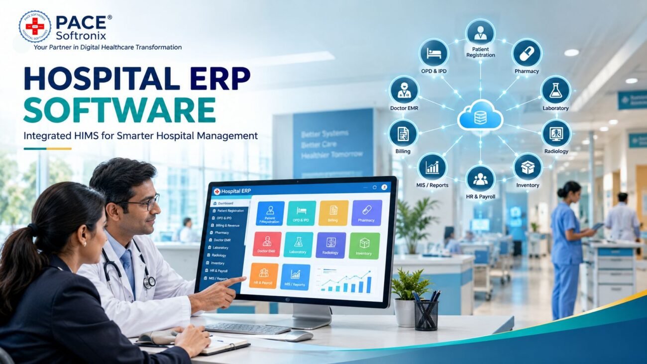• Hospital staff using integrated Hospital ERP Software on a computer at the registration desk
