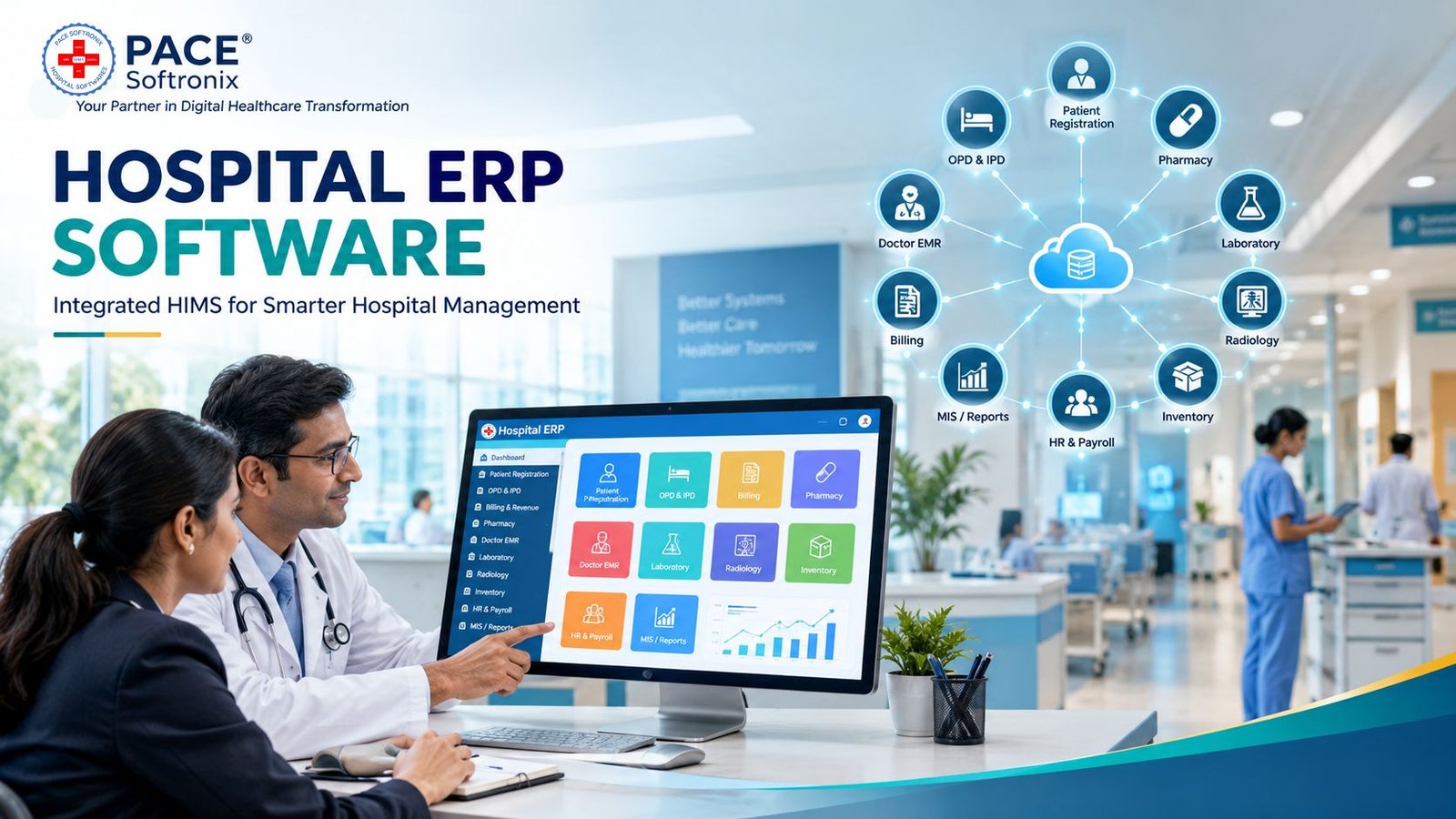 • Hospital staff using integrated Hospital ERP Software on a computer at the registration desk